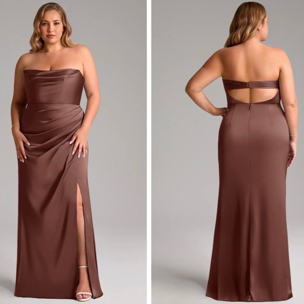 NWOT Azazie Leonis Espresso Mermaid Pleated Stretch Satin Convertible Dress 14